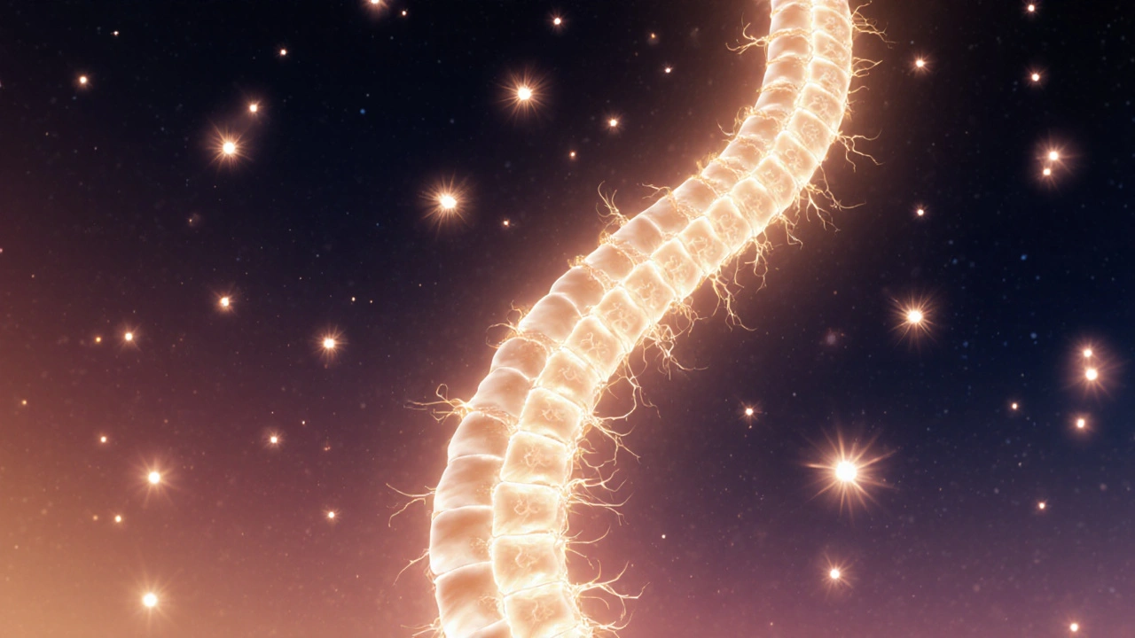 A glowing spine illuminated by warm kiss-shaped radiance, symbolizing emotional healing and nervous system calm.