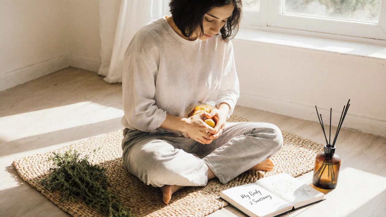 A person practicing self-massage in sunlight, focused and at peace, surrounded by calming wellness elements.