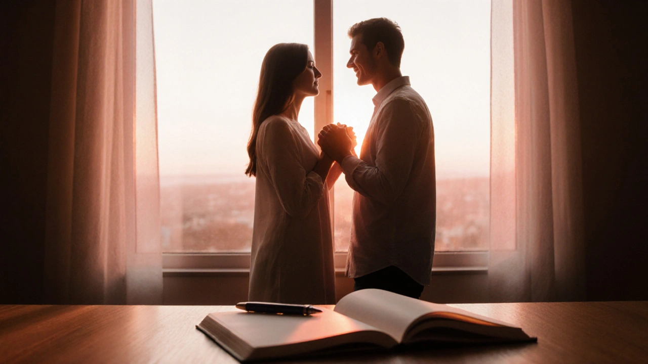Couple holding hands over each other&#039;s hearts at sunrise, journal open nearby, feeling connected.