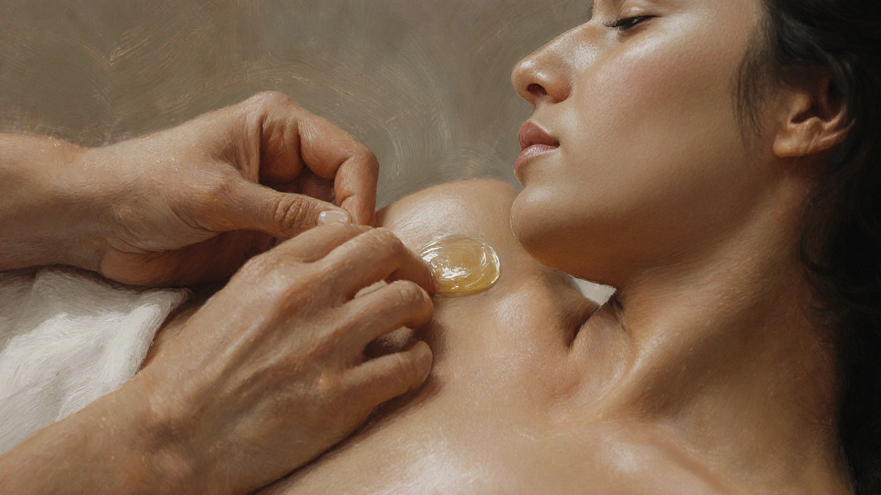Hands and lips in tender contact on an inner arm, oil glistening under soft light during a soothing massage.