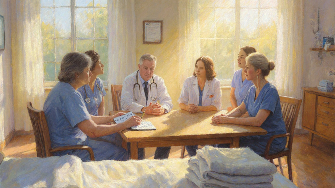 Pastel illustration of a hospice care team discussing a patient’s massage plan.