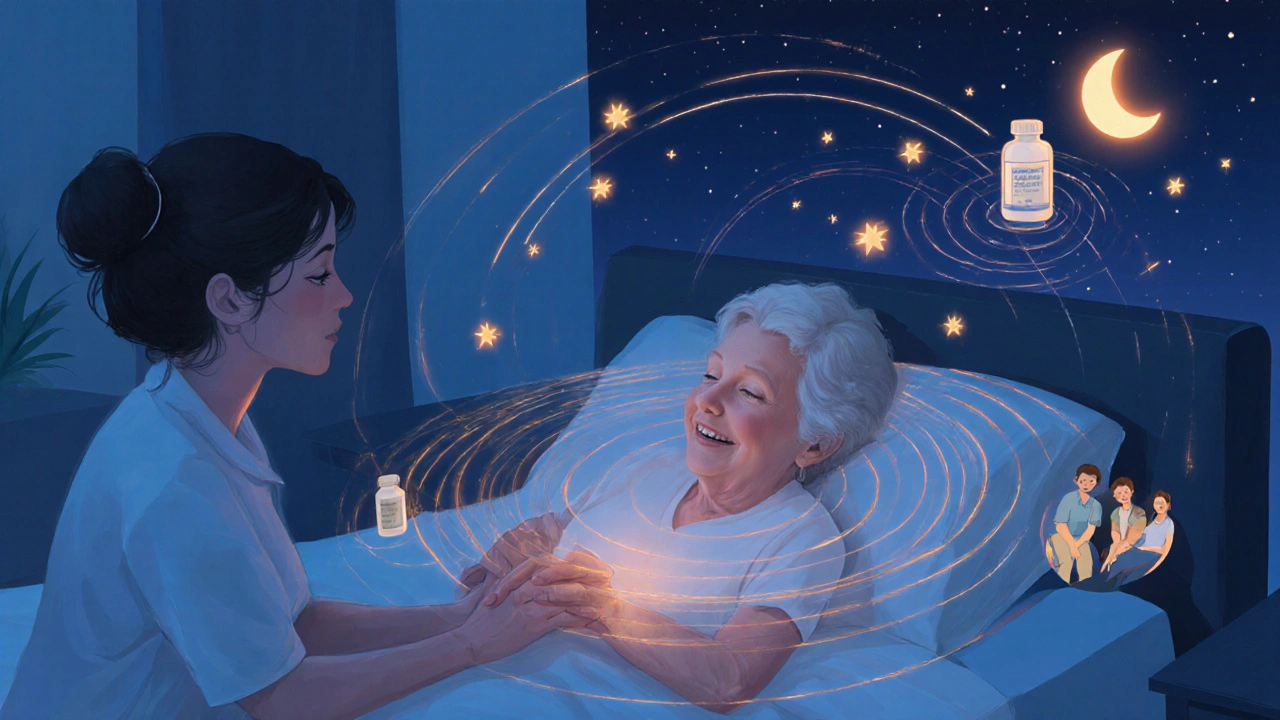 Patient smiling after massage, surrounded by light ripples linking to family, reduced medication, and better sleep.