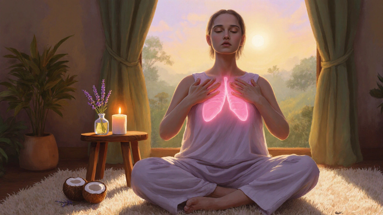 Person practicing breathing, self‑stretch, and warm oil massage at home.