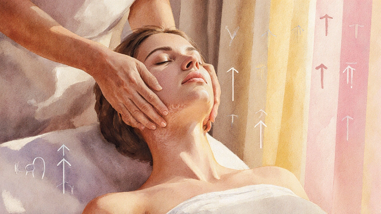 Person’s hands gently massaging the neck and jawline in an upward motion, illustrated in soft watercolor style.