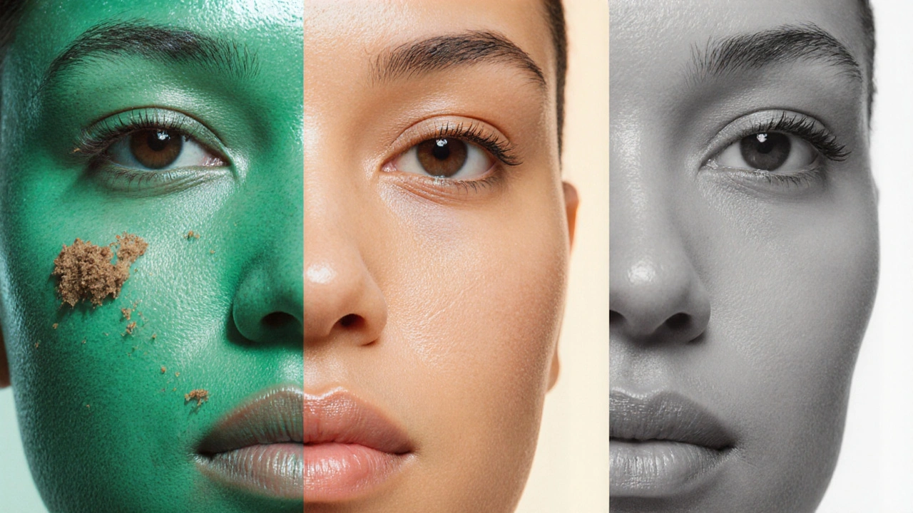 Split‑screen showing three faces: glowing skin after snail massage, moderate glow after traditional massage, and dull skin with no massage.