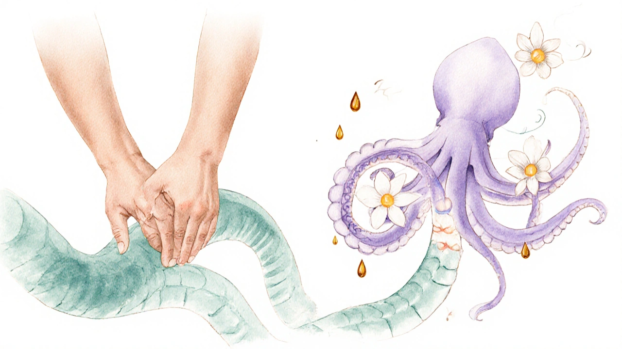 Therapist performing Ular roll and Gurita stretch with warm aromatic oil.