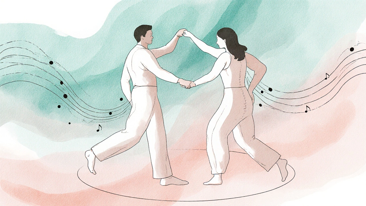 Watercolor of a couple dancing together, foot tap and gentle arm arcs suggesting light movement.