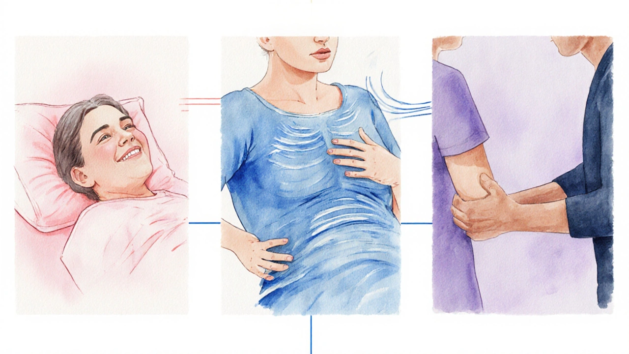 Watercolor scene depicting pain relief, easier breathing, and comforting touch in palliative care.
