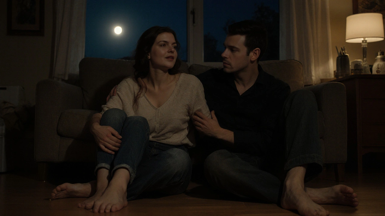 A couple on a kitchen floor, softly touching each other&#039;s arms under moonlight.