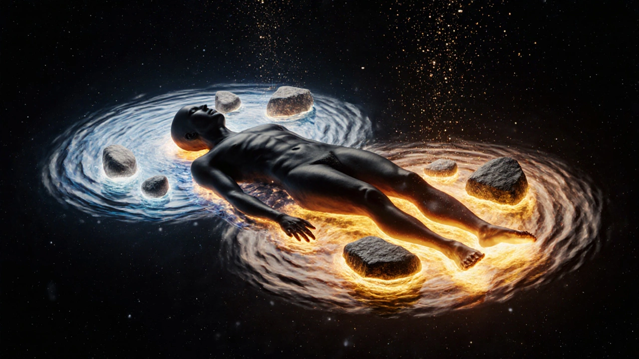 A floating human silhouette surrounded by glowing hot and cool stones in a starry void, representing deep relaxation and energy balance.