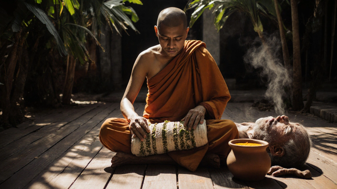 A monk using a hot herbal bundle to massage a villager&#039;s spine in a sunlit temple courtyard.
