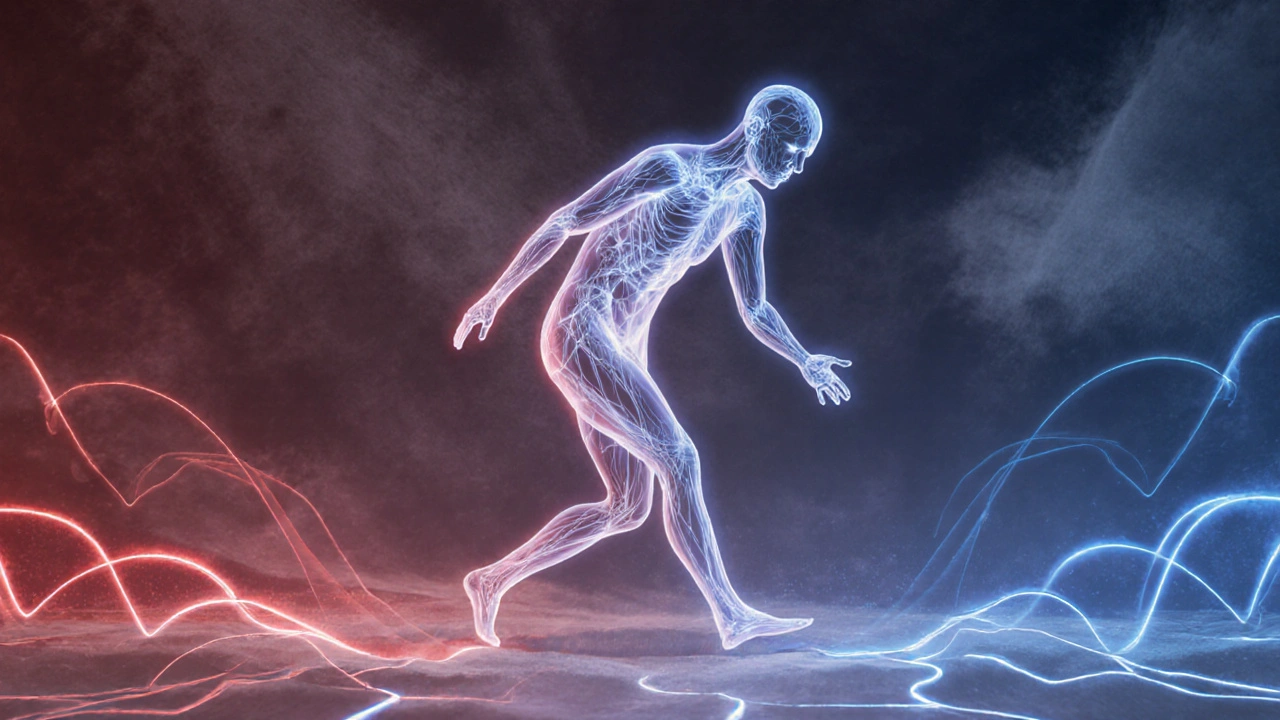 A symbolic figure surrounded by shifting light patterns, representing the nervous system moving from pain to safety.