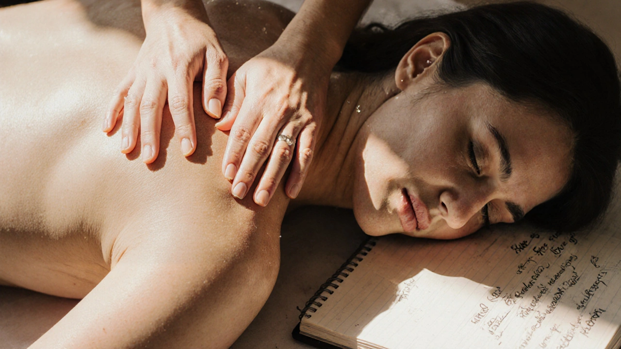 A therapist&#039;s hands lightly sensing energy near a client&#039;s shoulder and back in a sunlit wellness room.