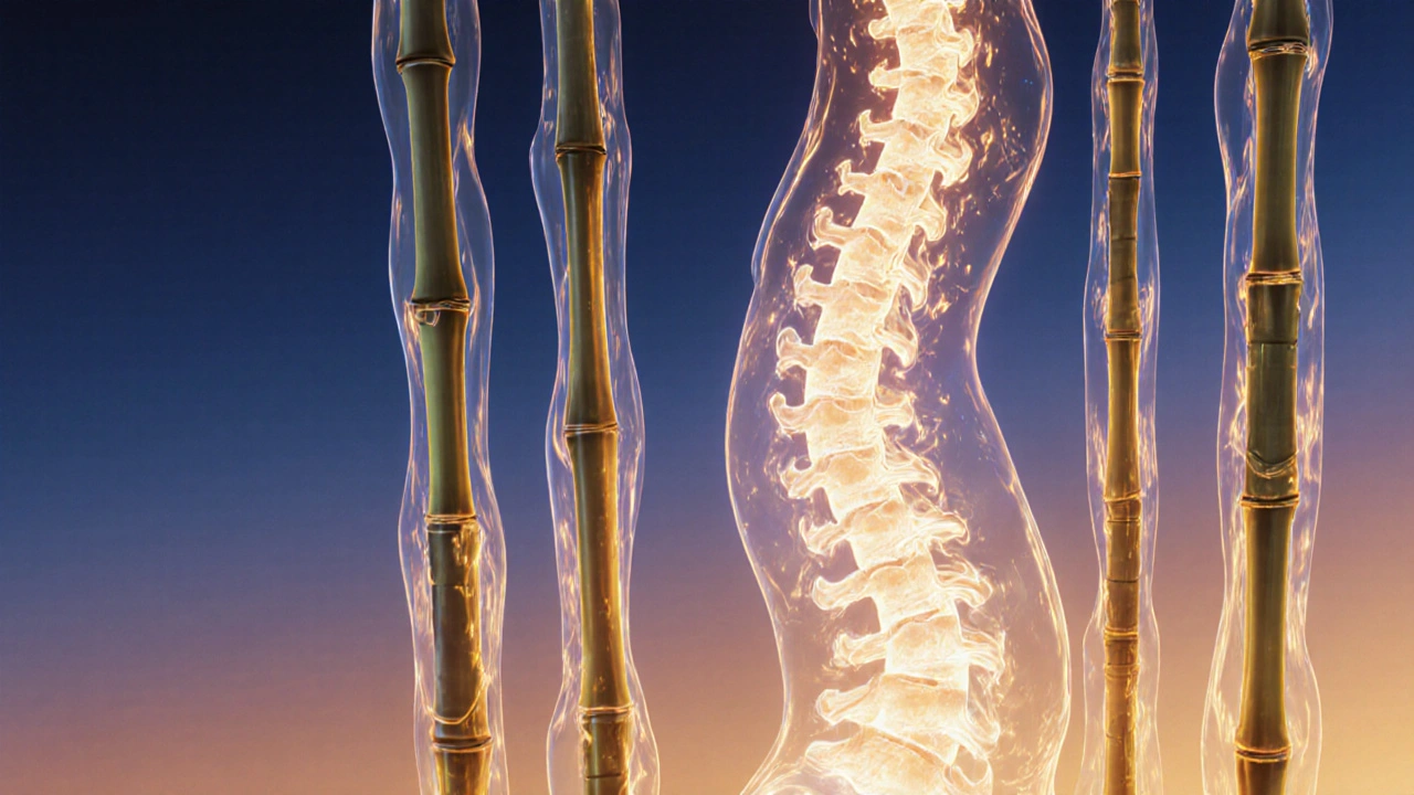 Abstract representation of bamboo sticks radiating warmth along a spine, symbolizing deep tissue release and healing.