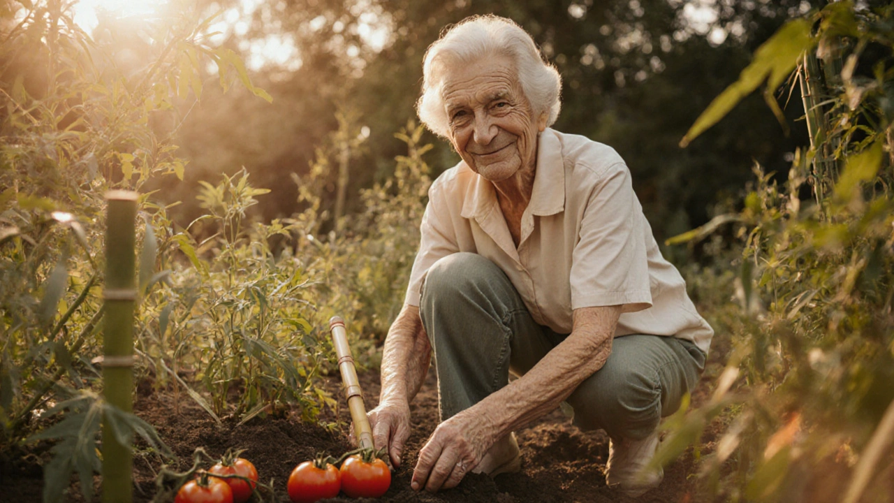 An elderly woman planting tomatoes in her garden, relaxed and pain-free after bamboo massage therapy.