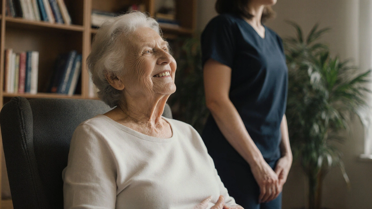 An elderly woman sitting calmly in a chair, hand on hip, smiling softly as she breathes deeply.