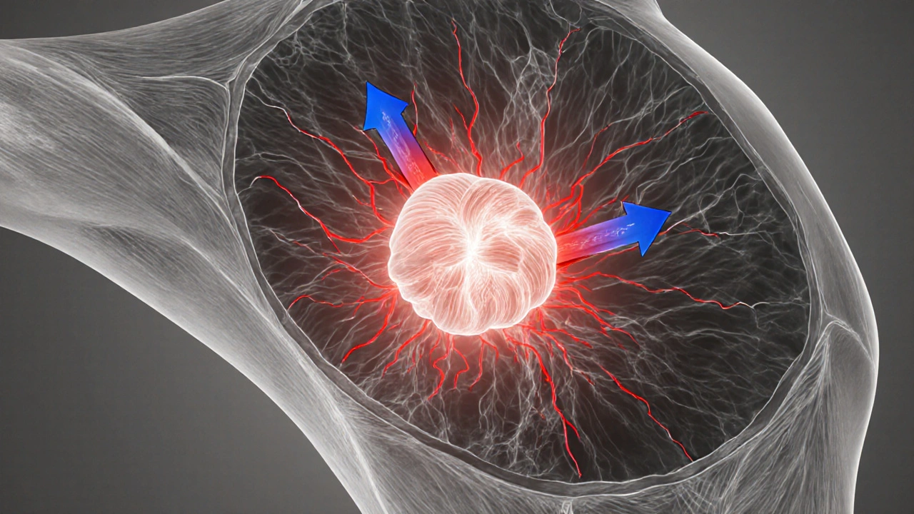 Anatomical cross-section showing a trigger point compressing blood flow