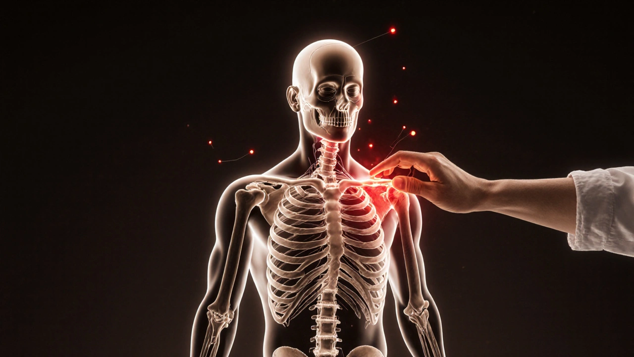 Anatomical diagram showing red dots indicating referred pain from trigger points in shoulder and hip.