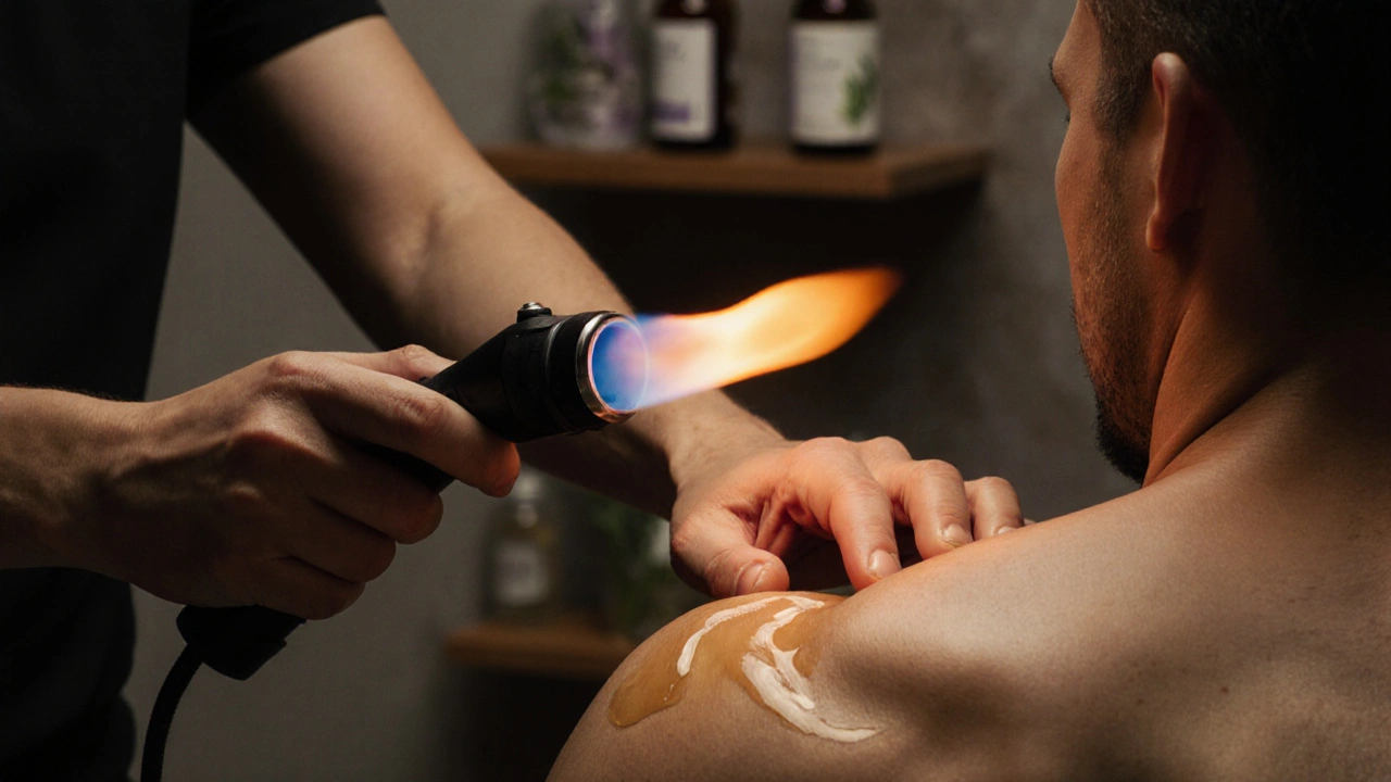 Close-up of a therapist&#039;s hands performing fire massage, flame barely glowing above relaxed skin and essential oils.