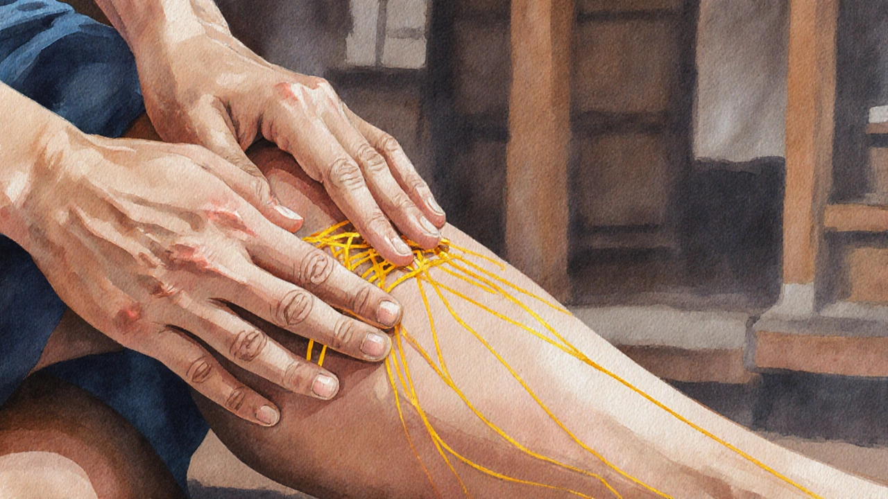 Close-up of hands and knees applying pressure along energy lines on a leg, golden threads glowing subtly under skin.