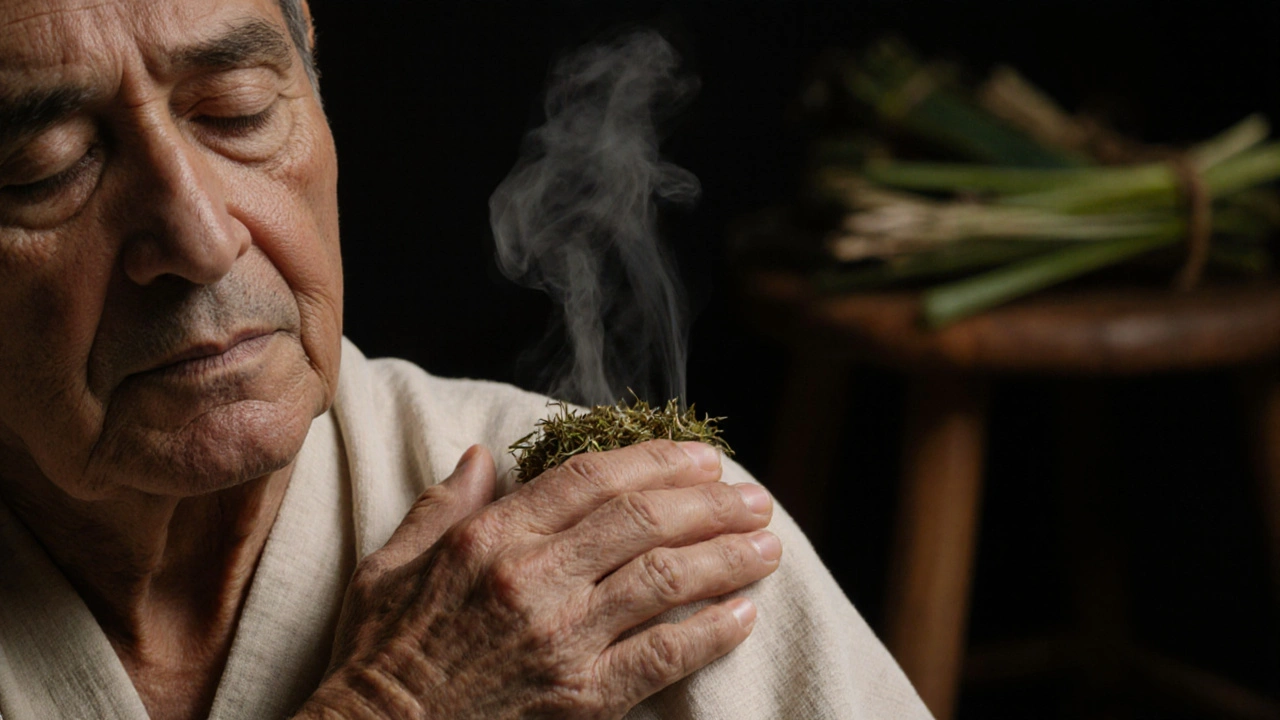 Close-up of weathered hands pressing a warm herbal compress into a tense shoulder.
