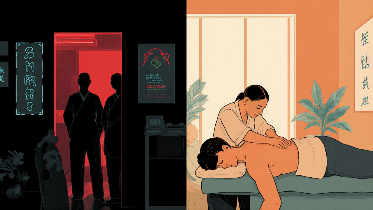 Contrasting scenes: illegal massage parlor on left, legitimate wellness center on right, highlighting exploitation vs. authentic care.