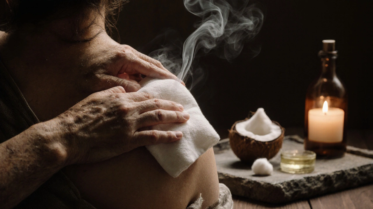 Cool compress being placed on a warm shoulder after fire massage, oil wick and linen nearby, quiet healing moment.