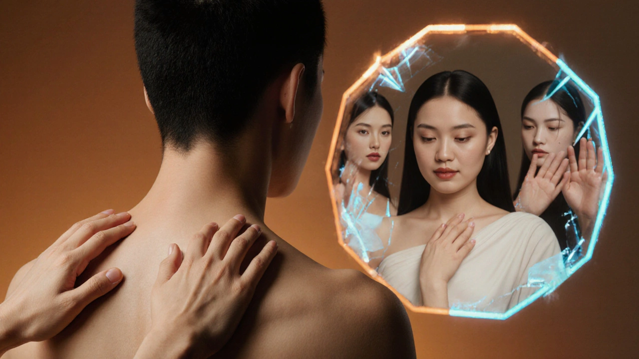 Healing hands at work versus a fractured mirror reflecting harmful stereotypes of Asian women in massage.