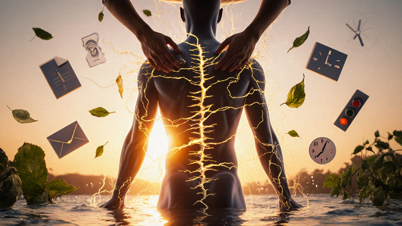 Human silhouette with tension fractures being healed by golden energy, modern stress symbols dissolving into nature.