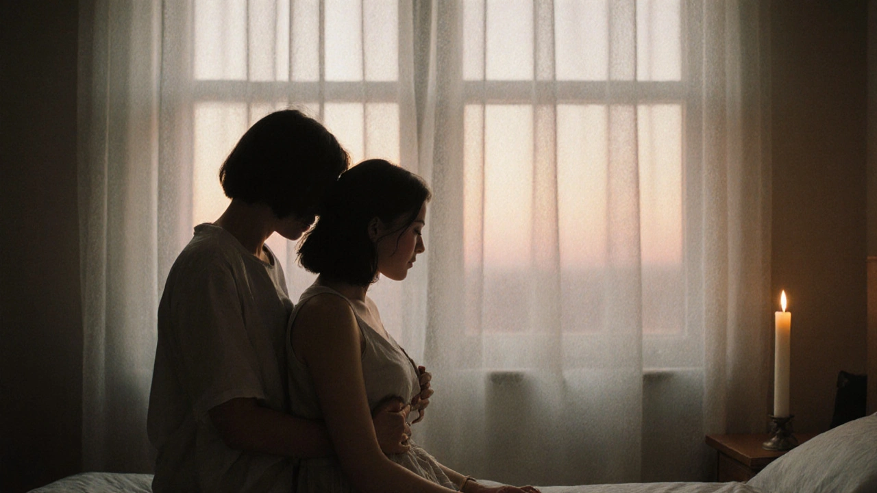 Silhouettes at dawn, one tracing the other&#039;s spine with tender, flowing hands.