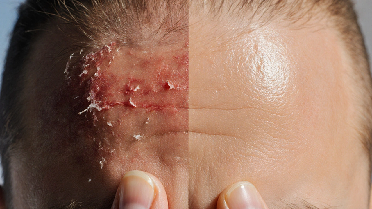 Split image showing irritated scalp versus healthy, oil-nourished scalp.