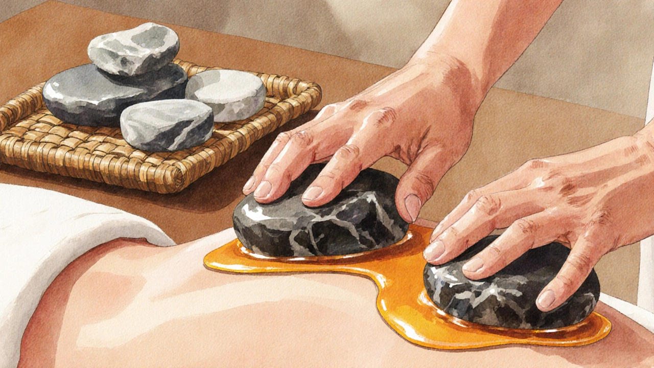 Therapist&#039;s hands gliding a heated stone down a bare back, with cool marble stones resting nearby on a bamboo tray.