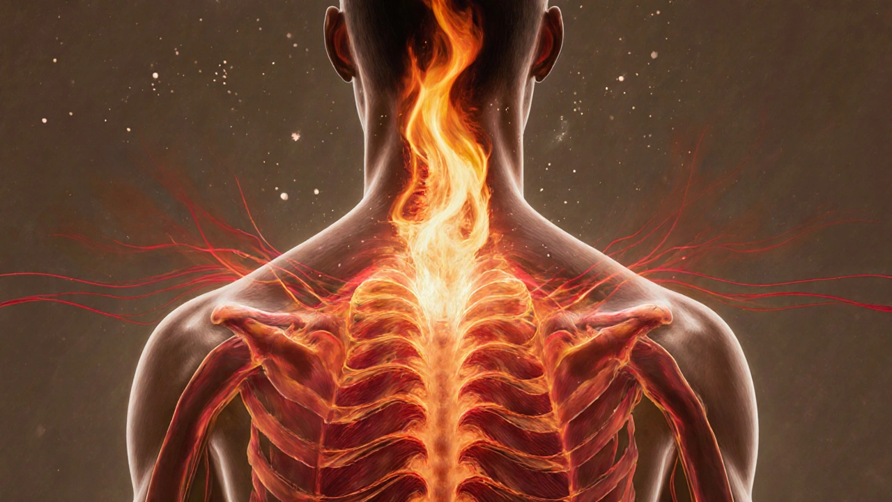 Translucent human back with glowing heat waves and dilating blood vessels, scientific visualization of fire massage effects.