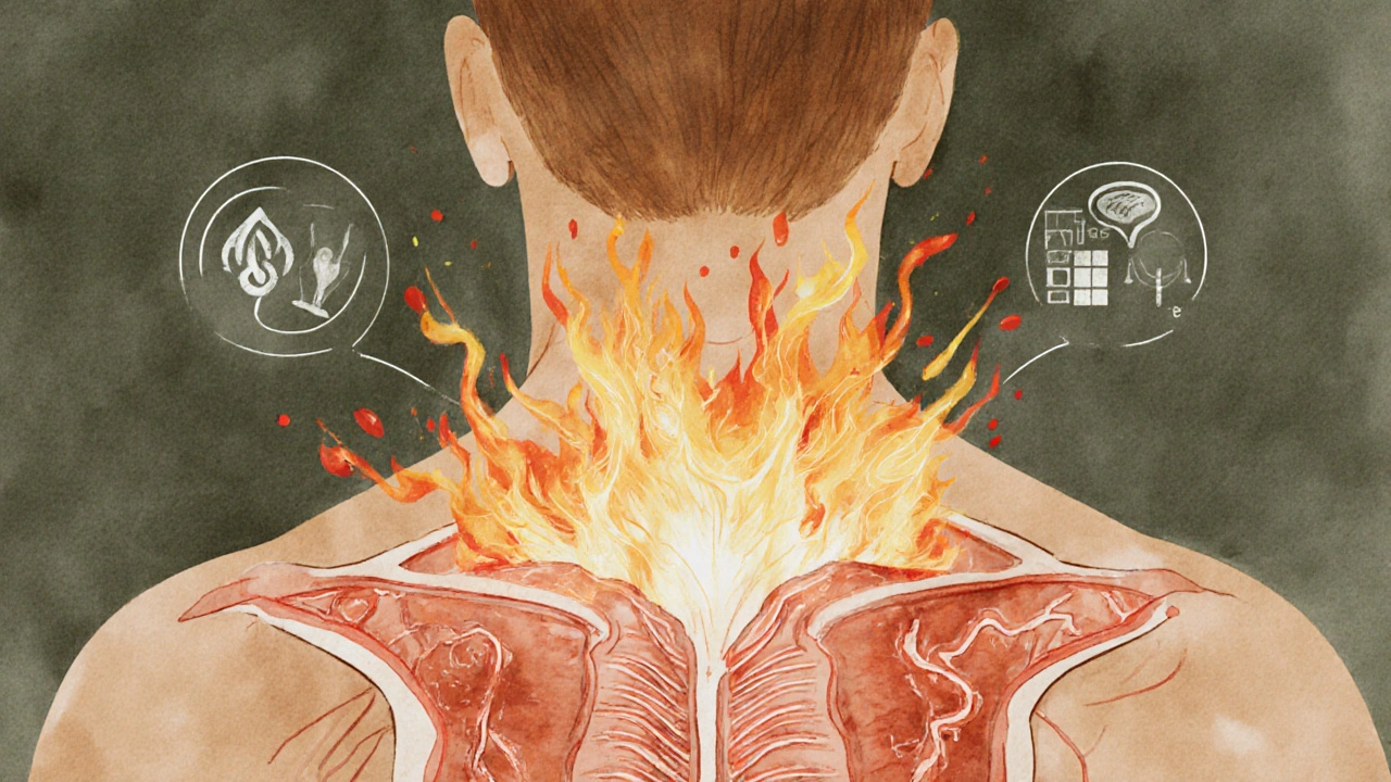 Watercolor illustration of heat waves and blood flow beneath skin during fire massage, with subtle wellness symbols.