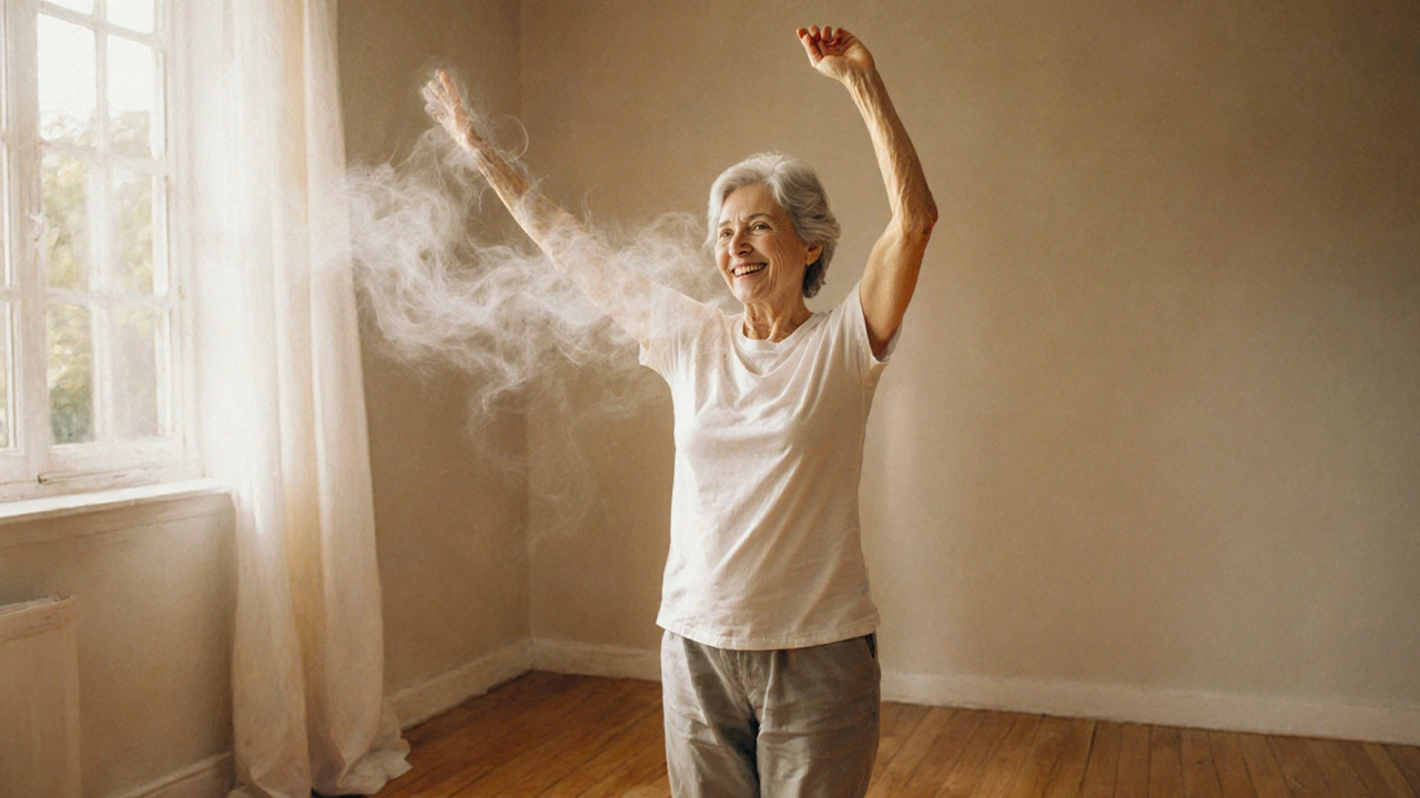 Woman smiling as she lifts her arm freely after years of pain