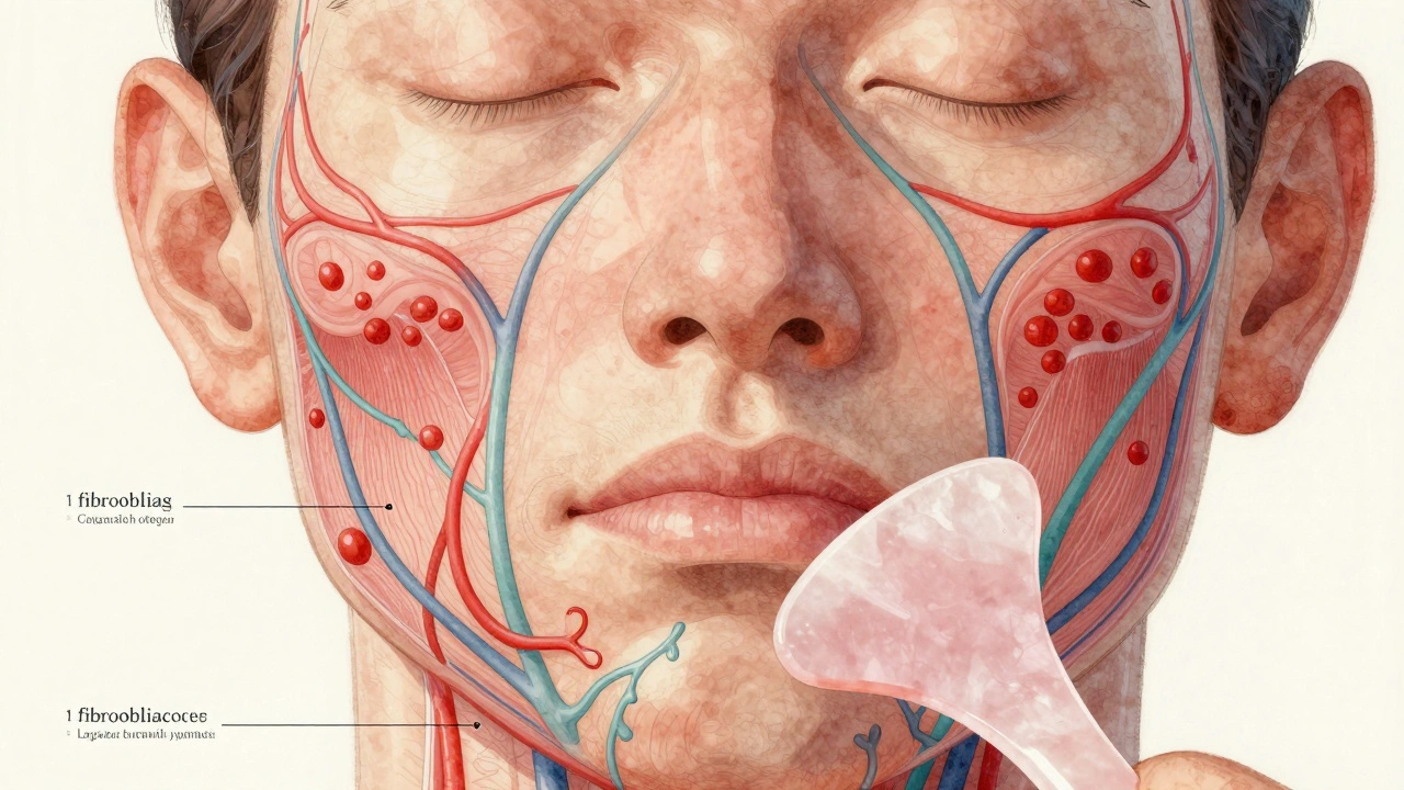 Artistic illustration of blood flow and lymphatic drainage during facial gua sha.