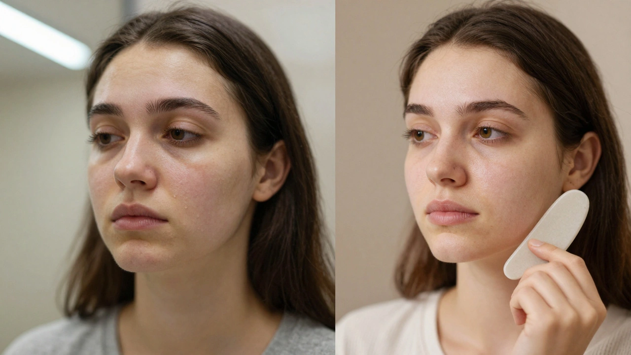 Before and after facial appearance showing reduced puffiness and improved skin glow.