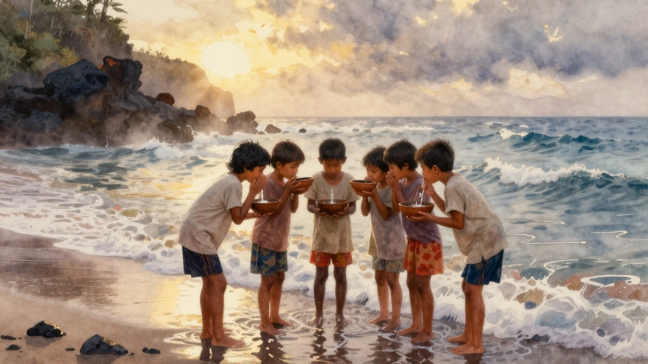 Children in cotton shirts whisper to the ocean at dawn, holding clay bowls of seawater as golden light rises over volcanic cliffs.