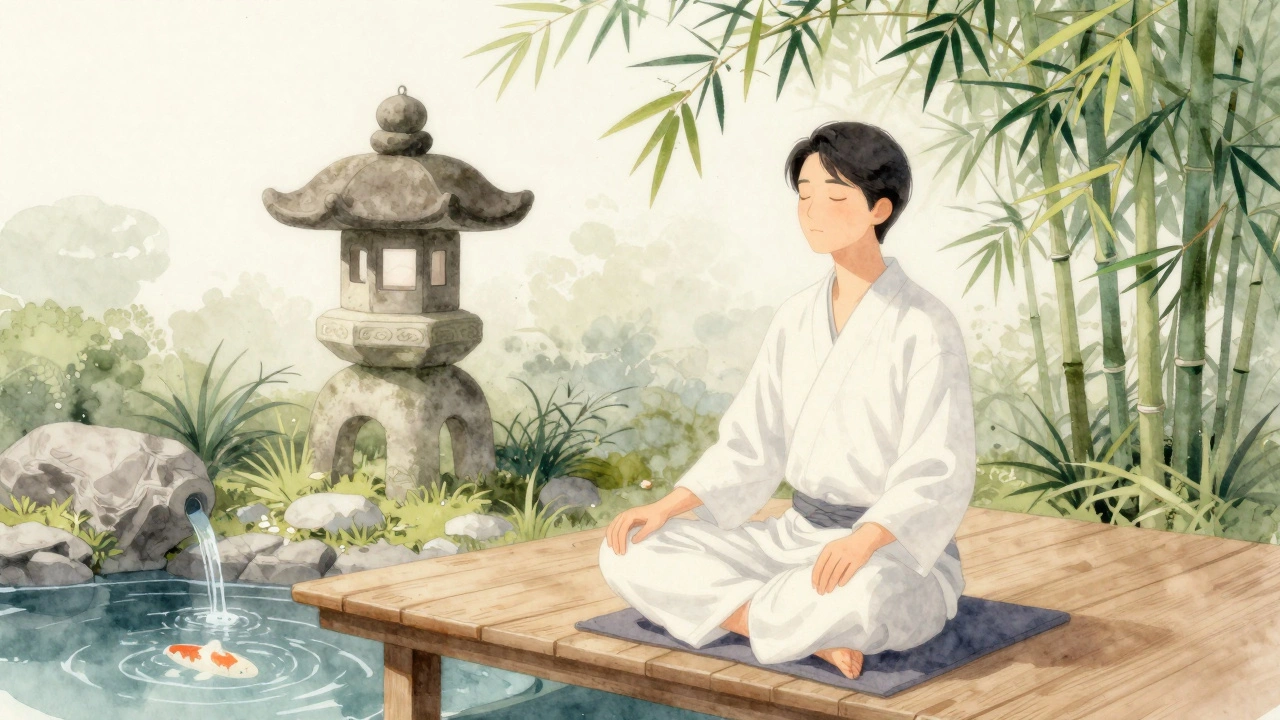 Client sitting peacefully in a garden after massage, surrounded by bamboo and lantern, eyes closed.