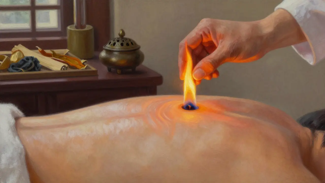 Close-up of a hand holding flame above skin, no contact, with warm flush visible beneath.