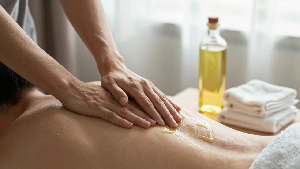 Close-up of hands offering gentle oil massage with towel and oil bottle beside, no faces visible.