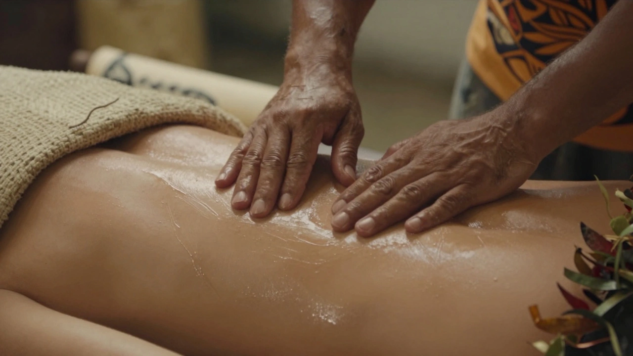 Close-up of skilled hands gliding in continuous motion over a draped back, oil glistening under soft light.