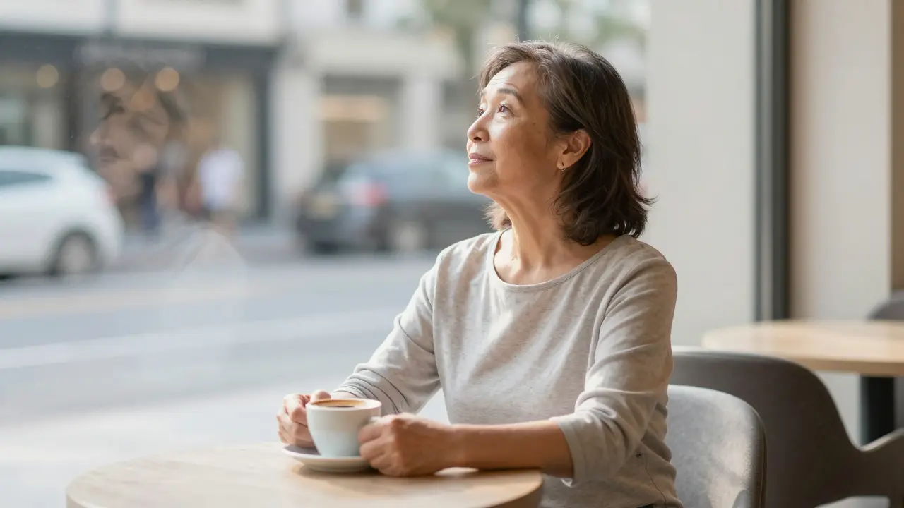 Elderly woman turning her head freely at a café, no longer stiff, enjoying coffee with ease.