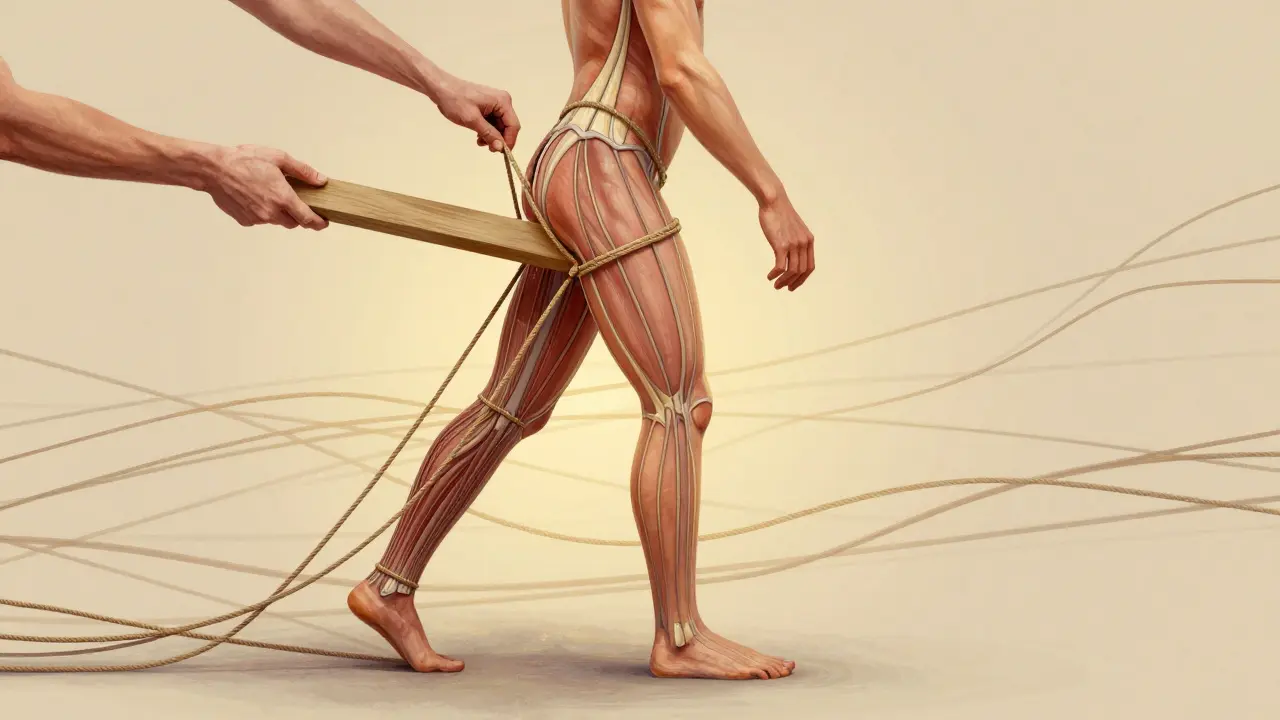 Human body illustrated as a building with fascia cables being realigned by hands, symbolizing structural integration.