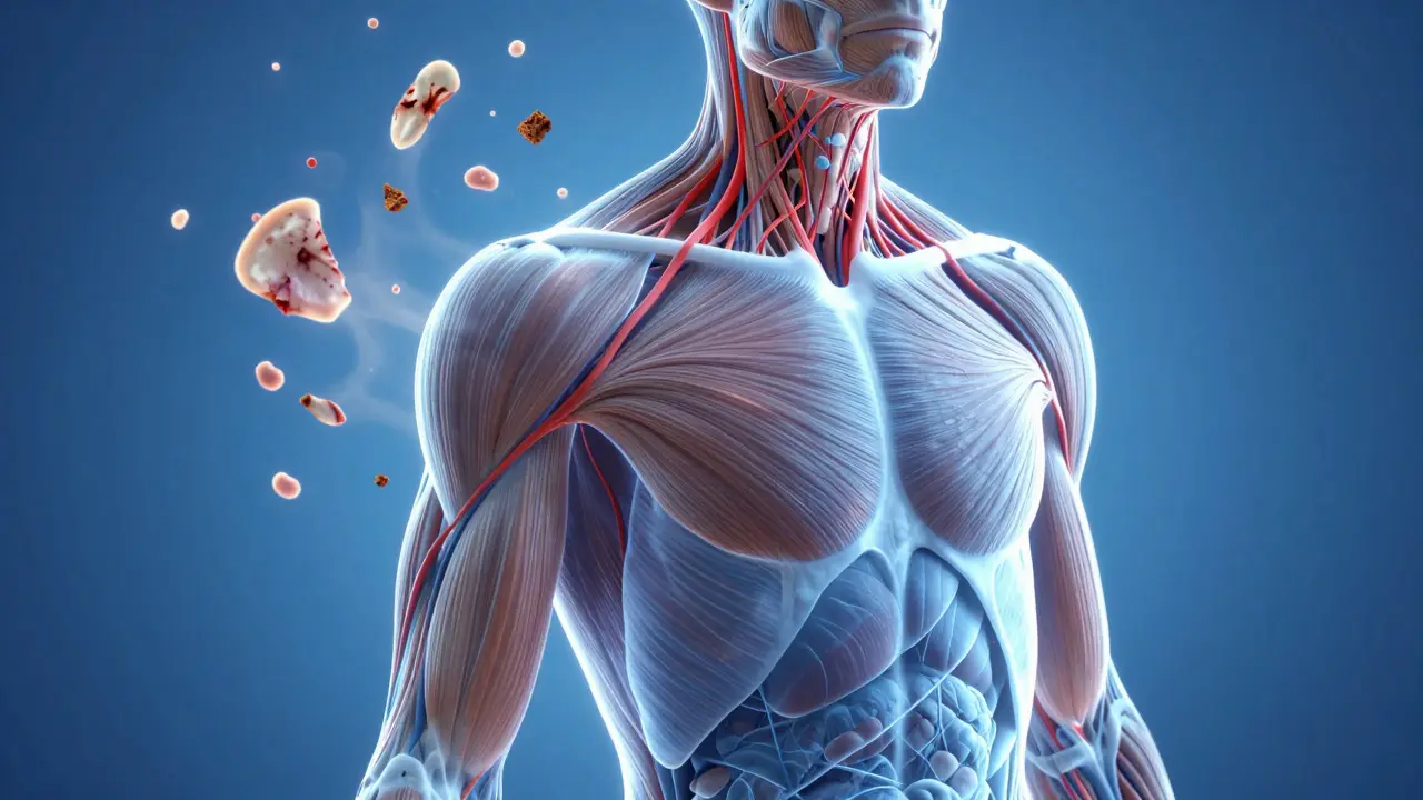 Transparent anatomical illustration showing fascial web with tension lines radiating from lower back.