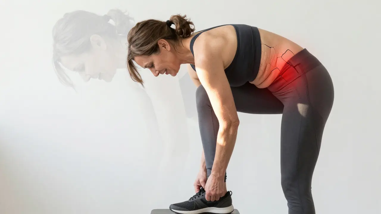 Woman bending freely to tie her shoe, symbolizing restored mobility after chronic pain.