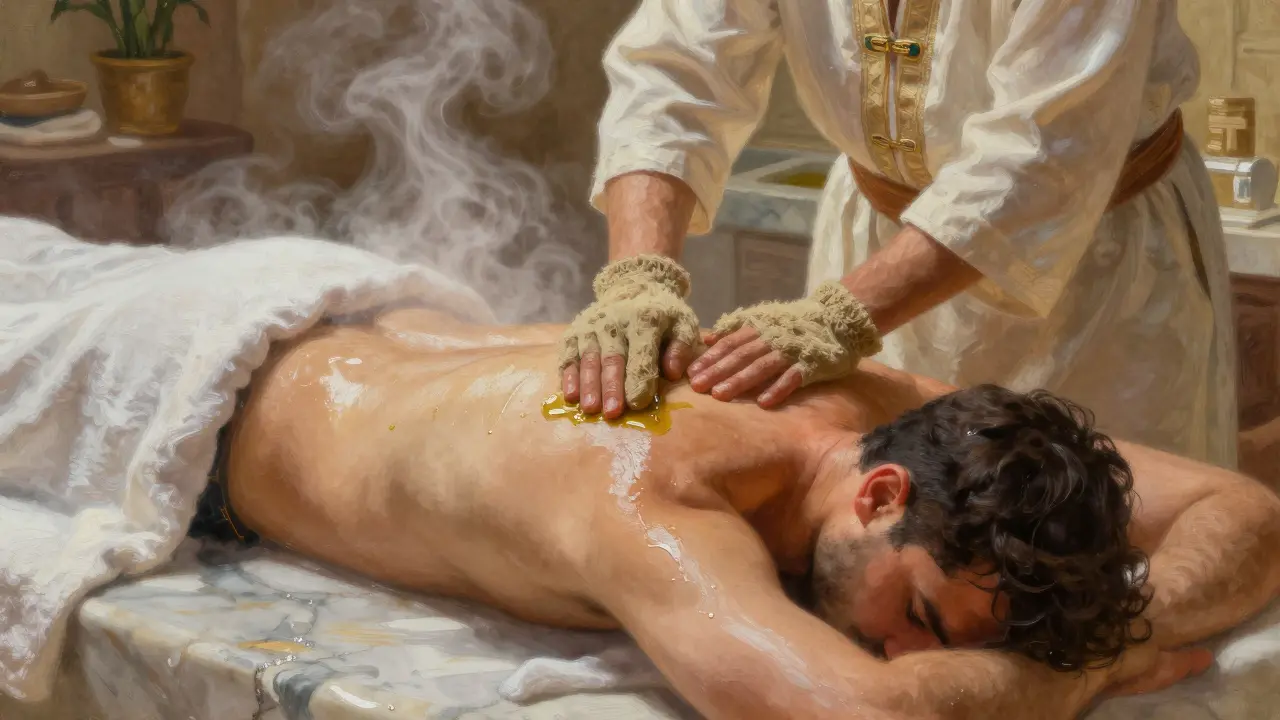 A therapist gently scrubbing a guest's back with a kese glove in a humid, marble-lined hammam room.