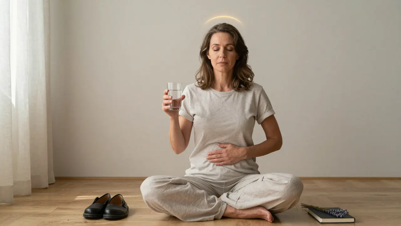 A woman relaxing after a reflexology session, holding water, with shoes and lavender beside her in a peaceful, sunlit room.