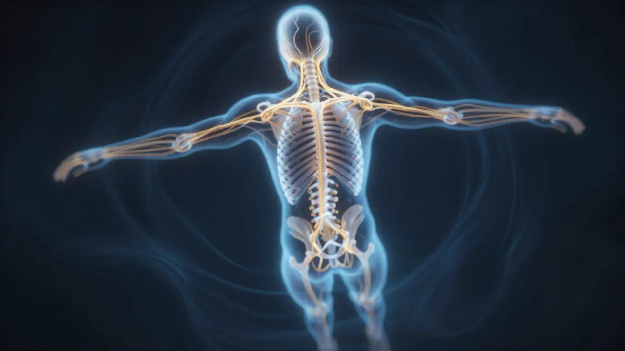 An abstract representation of a nervous system releasing tension through glowing, flowing light patterns.