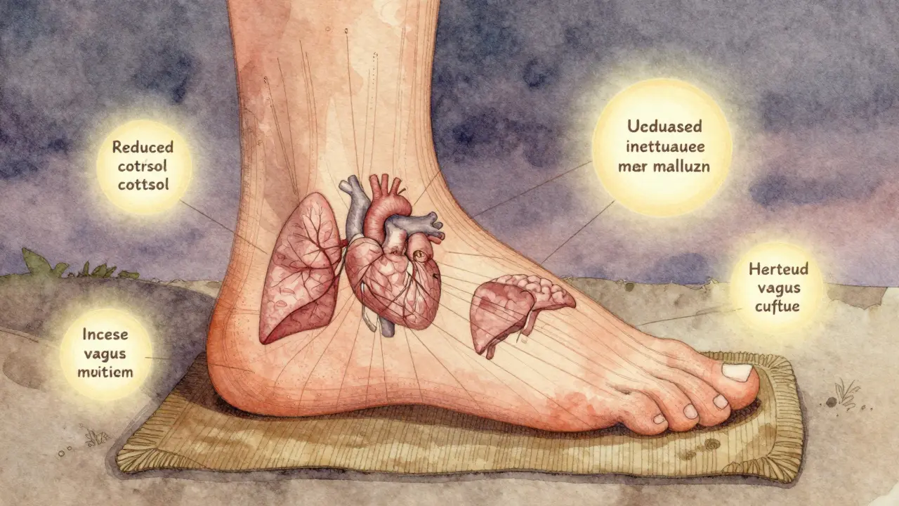 An artistic watercolor illustration of a foot mapped to internal organs with glowing energy lines connecting to the body's systems.